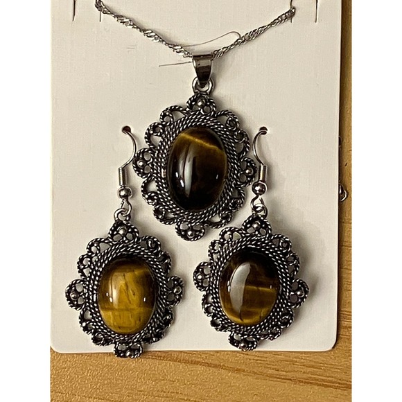 Canyon Sky Tigers Eye Necklace and Earrings Set Silver Tone Filigree - Picture 3 of 4